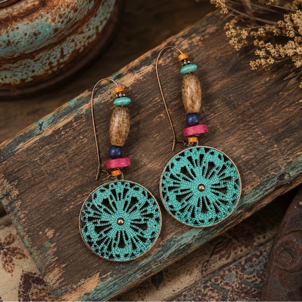 Artisan Boho Patina Medallion Earrings Wood Bead Dangle Retro Festival